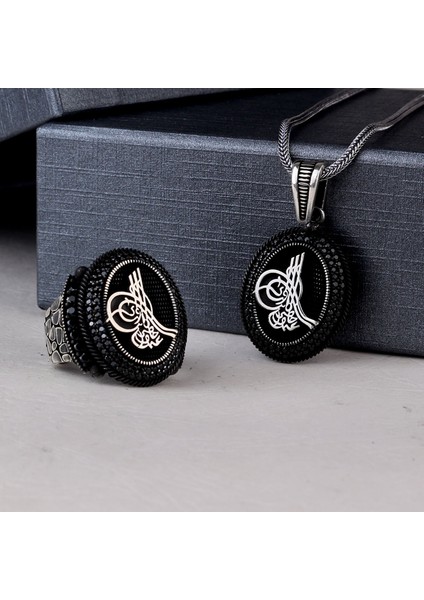 925 Ayar Gümüş Mikro Taşlı Tuğra Model Kolye Yüzük Kombini