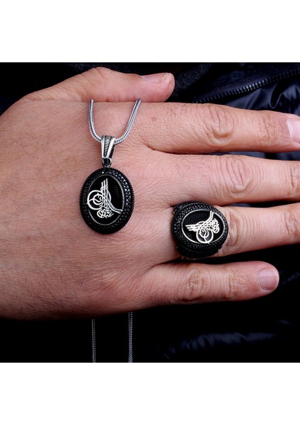 925 Ayar Gümüş Mikro Taşlı Tuğra Model Kolye Yüzük Kombini fiyatları