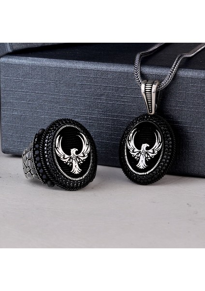 925 Ayar Gümüş Mikro Taşlı Anka Kuşu Model Kolye Yüzük Kombini