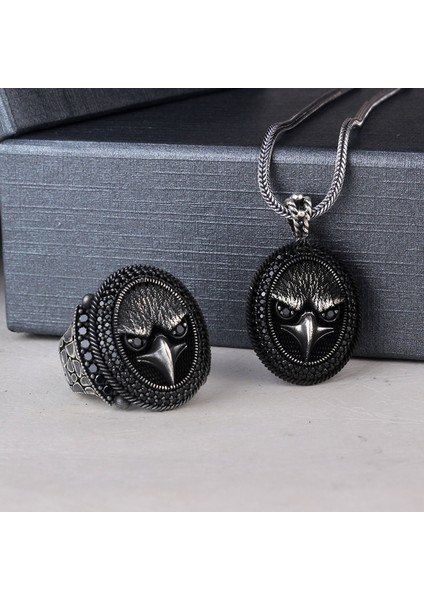 925 Ayar Gümüş Mikro Taşlı Kartal Motifli Kolye Yüzük Kombini