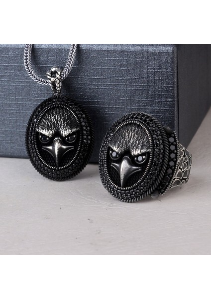 925 Ayar Gümüş Mikro Taşlı Kartal Motifli Kolye Yüzük Kombini modelleri