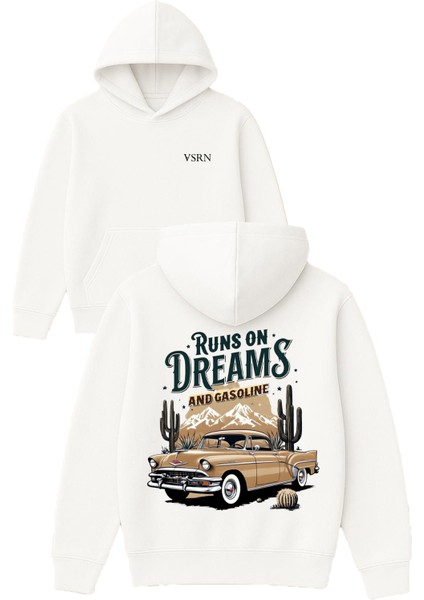 Runs On Dreams Tasarım Baskılı Oversize Beyaz Kapüşonlu Sweatshirt