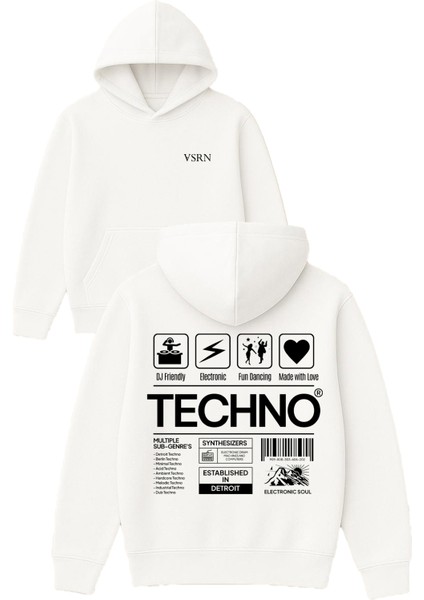 Techno Rapor Tasarım Baskılı Oversize Beyaz Kapüşonlu Sweatshirt