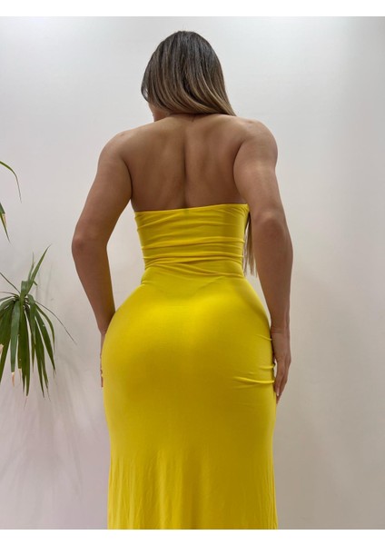 Sarı Derin Yırtmaçlı Göğüs Dekolteli Elbise fırsatları