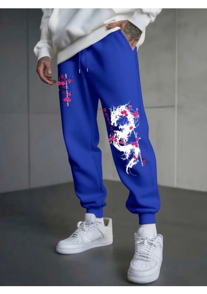 Büyük Beden Özel Tasarım Dragoon Baskılı %100 Pamuk Kışlık Japon Stil Erkek Eşofman Altı