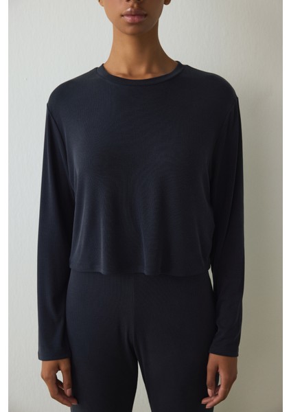 Siyah Bisiklet Yaka Uzun Kollu Fitilli Modal Bol Kesim Crop Üst indirimleri