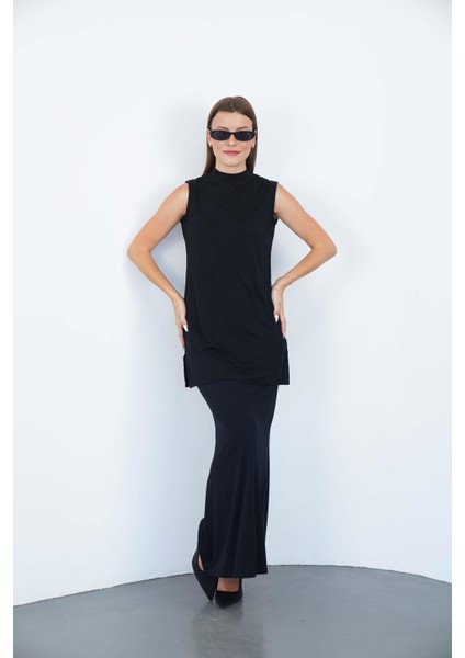 Viskon Kolsuz Tunik ve Etek Takım-Siyah