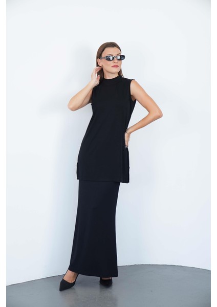 Viskon Kolsuz Tunik ve Etek Takım-Siyah fiyatları