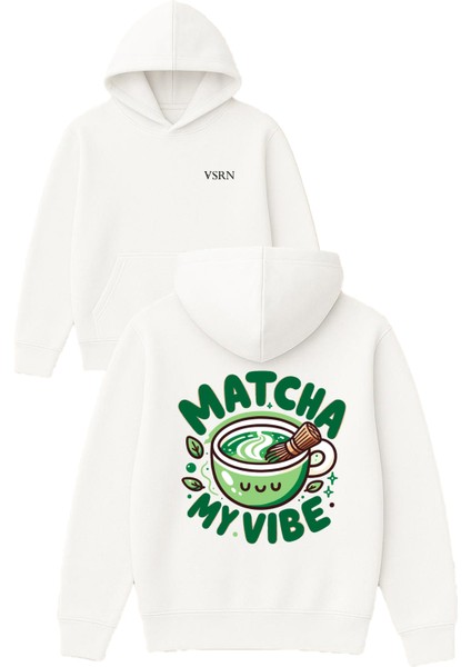 Matcha Vıbe Tasarım Baskılı Oversize Beyaz Kapüşonlu Sweatshirt