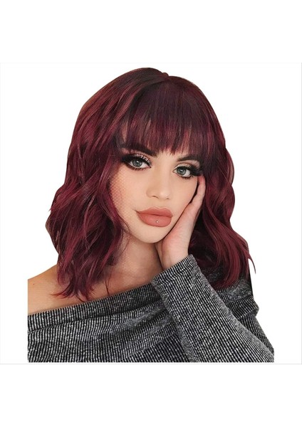 Peruk Sentetik Dalgalı Saç Kısa Dalgalı Saç Peruk Kısa Kıvırcık Saç Patlama ile Moda Cos Wig Kadın Peruk (Yurt Dışından)