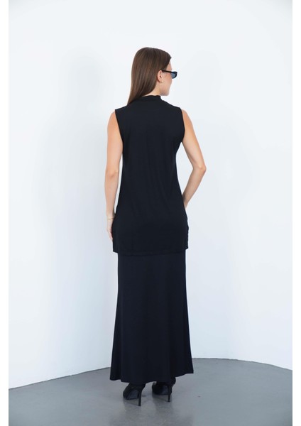 Viskon Kolsuz Tunik ve Etek Takım-Siyah