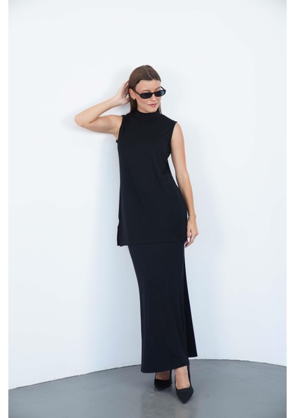 Viskon Kolsuz Tunik ve Etek Takım-Siyah