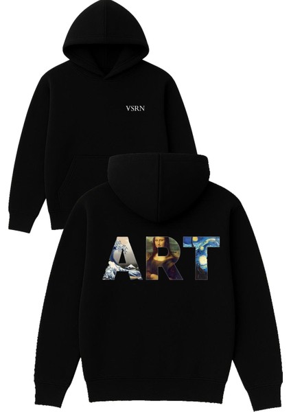 Art Tasarım Baskılı Oversize Siyah Kapüşonlu Sweatshirt