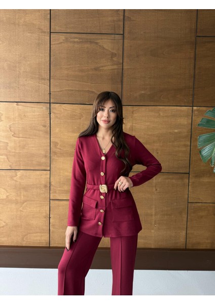 Buketli Kadın Sabit Kemerli Sabit Sarı Düğmeli V Yaka Bluz ve Beli Lastikli Bol Pantolonlu Ikili Alt Üst Takım indirimleri