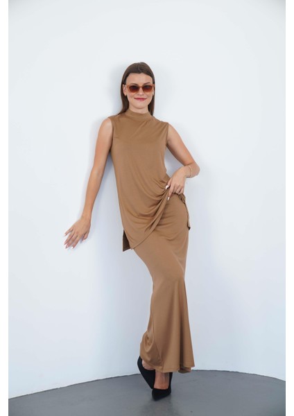 Viskon Kolsuz Tunik ve Etek Takım-Tarçın fiyatları