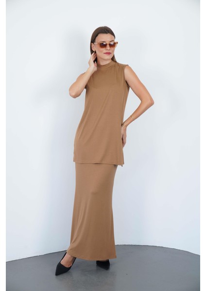 Viskon Kolsuz Tunik ve Etek Takım-Tarçın fırsatları