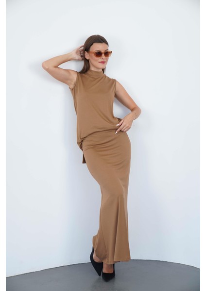 Viskon Kolsuz Tunik ve Etek Takım-Tarçın indirimleri