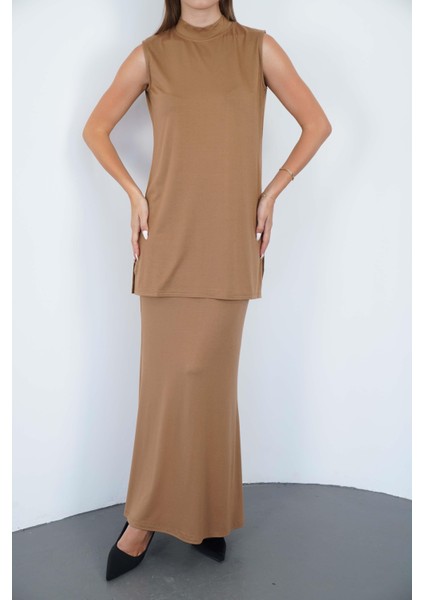 Viskon Kolsuz Tunik ve Etek Takım-Tarçın