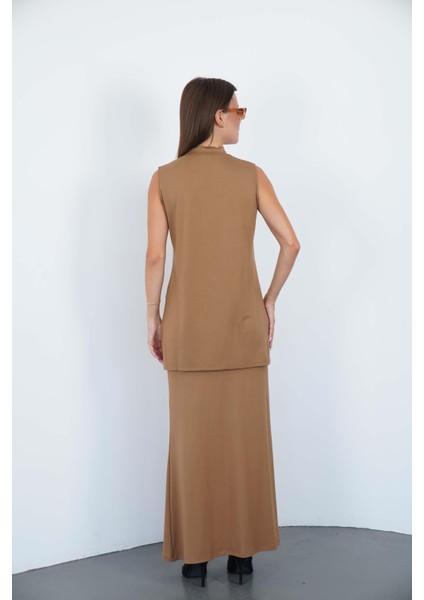 Viskon Kolsuz Tunik ve Etek Takım-Tarçın