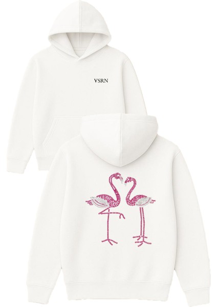 Flamingo Pırlantalı Tasarım Baskılı Oversize Beyaz Kapüşonlu Sweatshirt