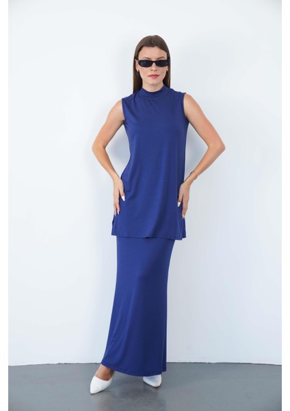 Viskon Kolsuz Tunik ve Etek Takım-Lacivert