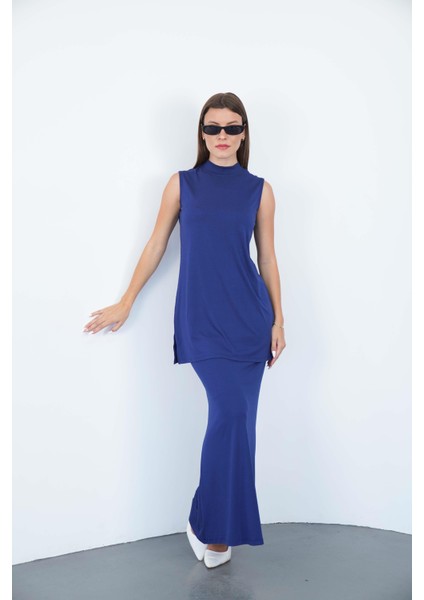 Viskon Kolsuz Tunik ve Etek Takım-Lacivert fiyatları