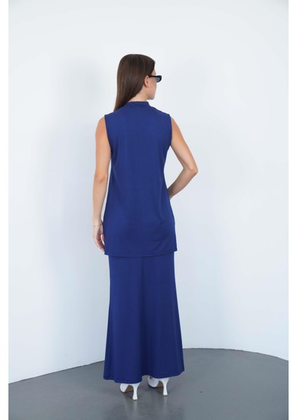 Viskon Kolsuz Tunik ve Etek Takım-Lacivert modelleri