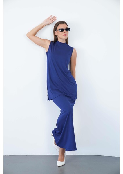 Viskon Kolsuz Tunik ve Etek Takım-Lacivert