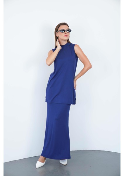 Viskon Kolsuz Tunik ve Etek Takım-Lacivert