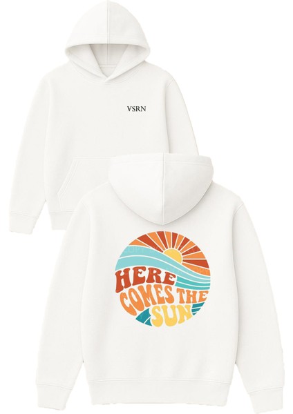 Here Comes The Tasarım Baskılı Oversize Beyaz Kapüşonlu Sweatshirt