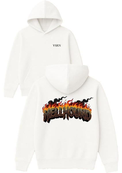 Hellhound Tasarım Baskılı Oversize Beyaz Kapüşonlu Sweatshirt