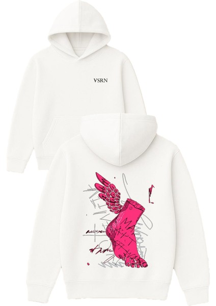 Kanatlı Ayak Tasarım Baskılı Oversize Beyaz Kapüşonlu Sweatshirt