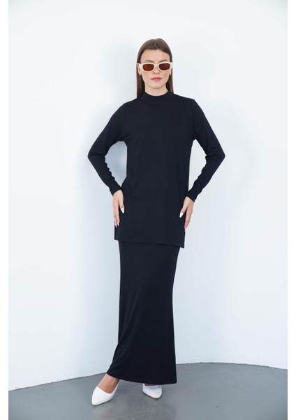 Viskon Dik Yaka Tunik ve Etek Takım-Siyah