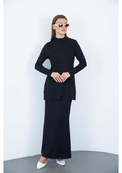 Viskon Dik Yaka Tunik ve Etek Takım-Siyah fiyatları