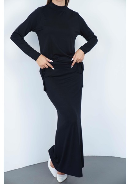 Viskon Dik Yaka Tunik ve Etek Takım-Siyah modelleri