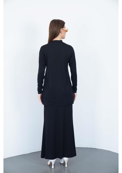 Viskon Dik Yaka Tunik ve Etek Takım-Siyah