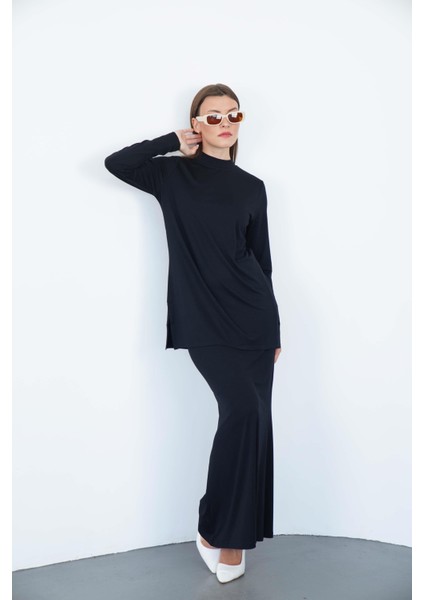 Viskon Dik Yaka Tunik ve Etek Takım-Siyah