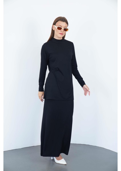Viskon Dik Yaka Tunik ve Etek Takım-Siyah