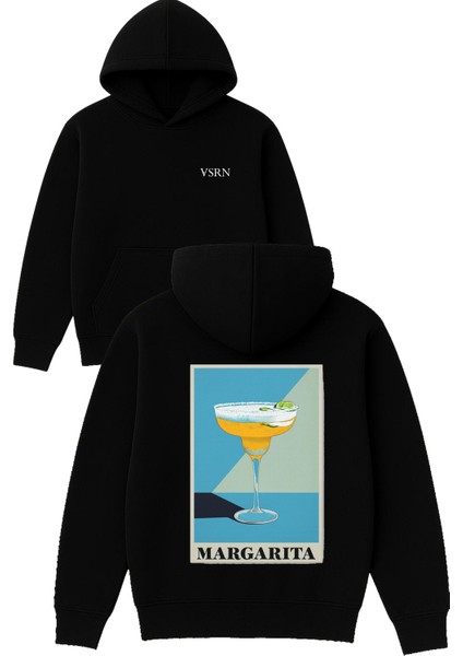 Margarıta Tasarım Baskılı Oversize Siyah Kapüşonlu Sweatshirt