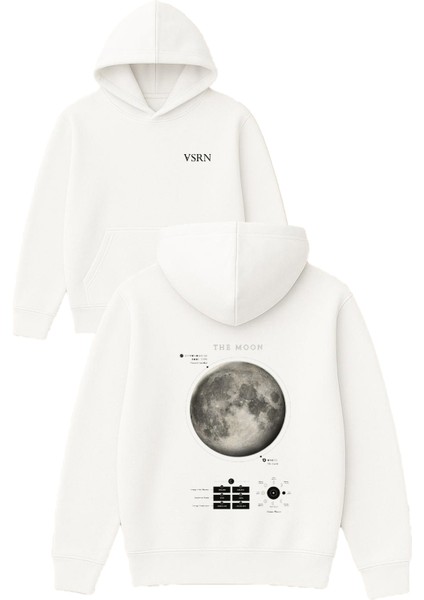 The Moon Tasarım Baskılı Oversize Beyaz Kapüşonlu Sweatshirt