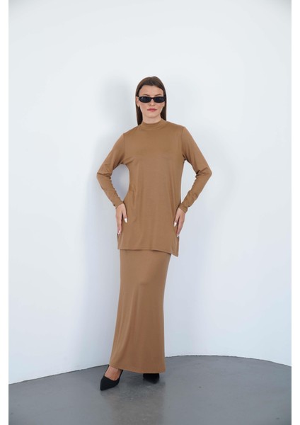 Viskon Dik Yaka Tunik ve Etek Takım-Tarçın