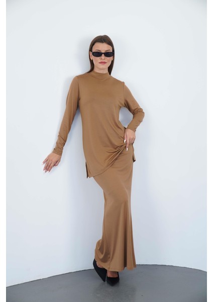 Viskon Dik Yaka Tunik ve Etek Takım-Tarçın fiyatları