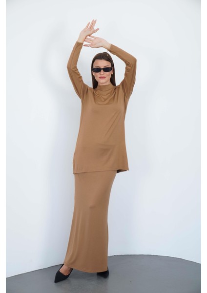 Viskon Dik Yaka Tunik ve Etek Takım-Tarçın modelleri