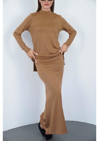 Viskon Dik Yaka Tunik ve Etek Takım-Tarçın fırsatları