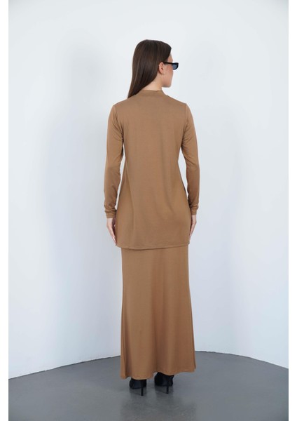 Viskon Dik Yaka Tunik ve Etek Takım-Tarçın