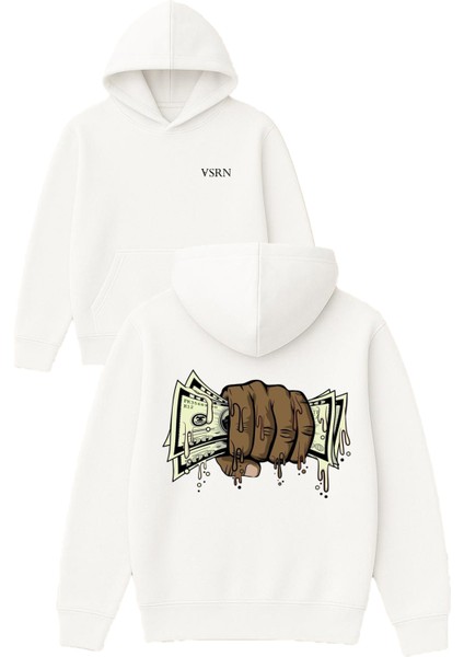 Yumruk Para Tasarım Baskılı Oversize Beyaz Kapüşonlu Sweatshirt