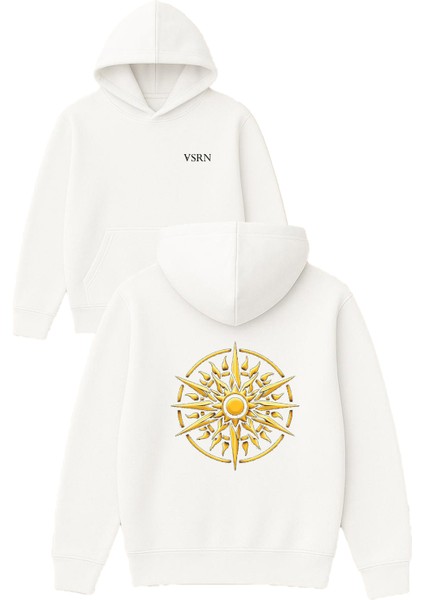Altın Yuvarlak Çark Tasarım Baskılı Oversize Beyaz Kapüşonlu Sweatshirt