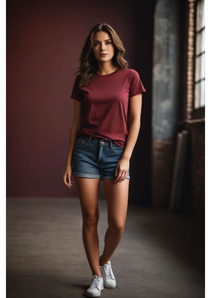 Bisiklet Yaka Basic Bordo Tişört