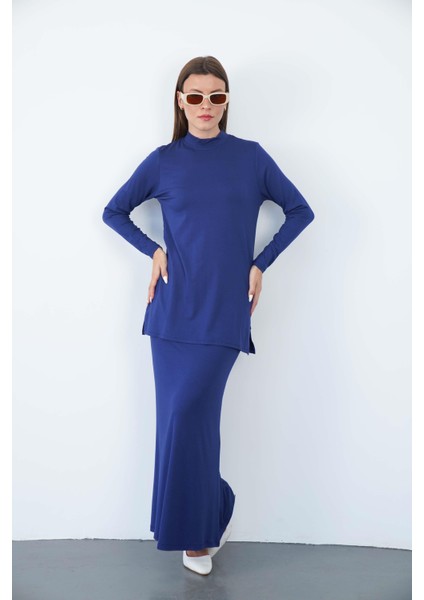 Viskon Dik Yaka Tunik ve Etek Takım-Lacivert