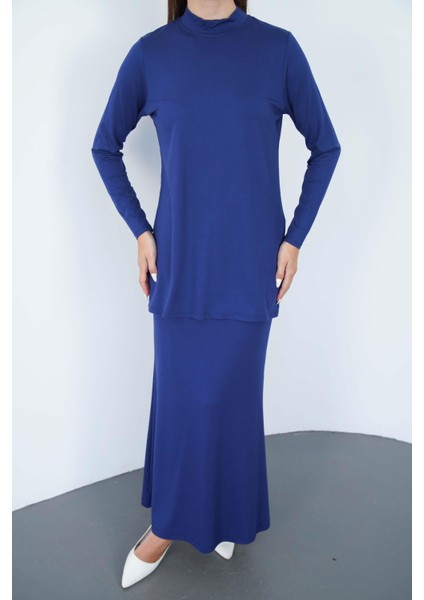 Viskon Dik Yaka Tunik ve Etek Takım-Lacivert fırsatları